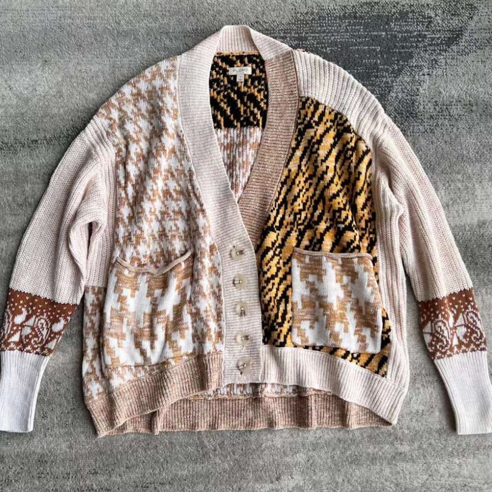 BEST Anthropologie Pilcro Mash-Up Tiger Cardigan Sweater S/M/MP/LP Orange Motif - Picture 5 of 5